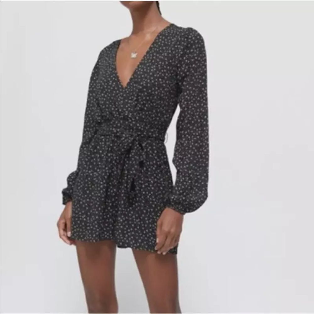 Urban Outfitters Black Mona Surplice Long Sleeve Romper, Size Small.